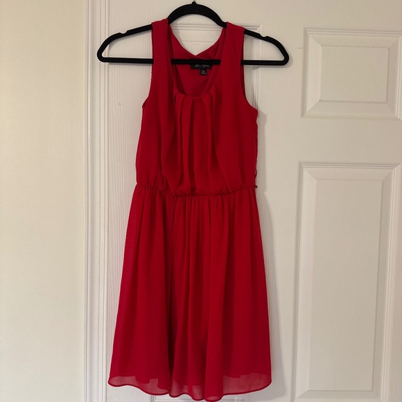 Red Sleeveless Chiffon Dress - Gathered Waist A-Line Style - Picture 1 of 1